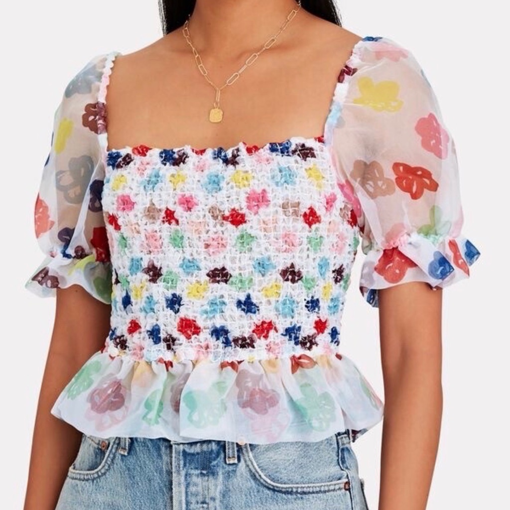 Staud Multicolor Floral Puff Sleeve Blouse